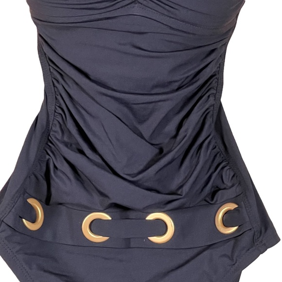 Bleu Rod Beattie One Piece Black Swimsuit with Ruching & Gold Tone Accen… - Picture 5 of 13